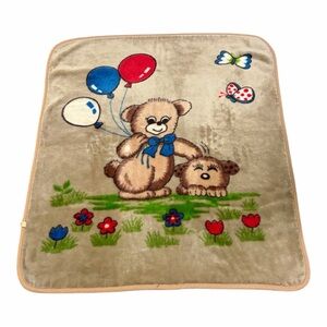 (1980’s) RARE [Made In Korea] Minky Plush Baby Blanket - Bear, Balloons & Puppy